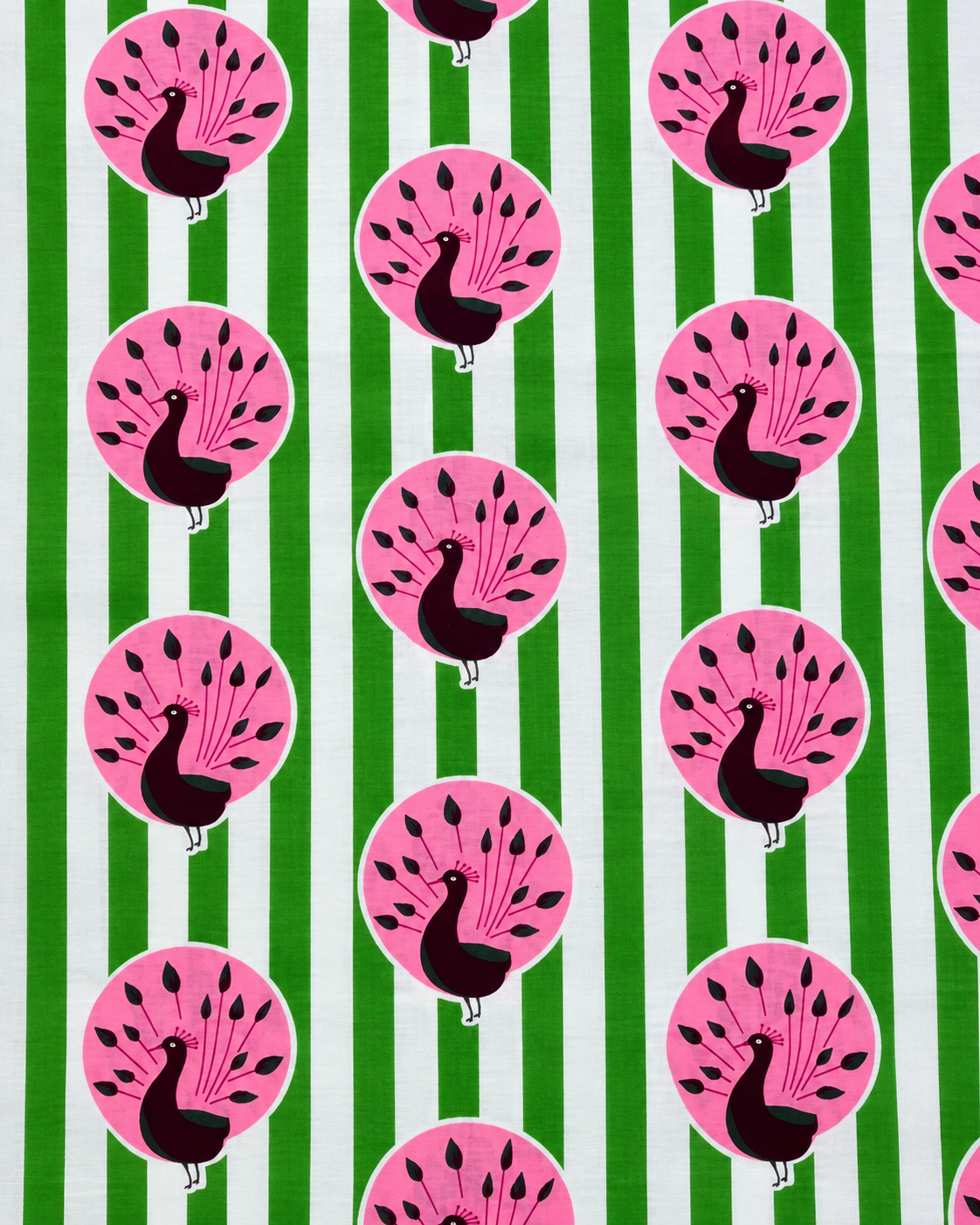 Green and white striped cotton fabric with beautiful pink peacock motifs.