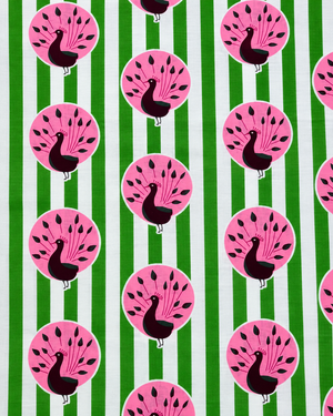 Green and white striped cotton fabric with beautiful pink peacock motifs.