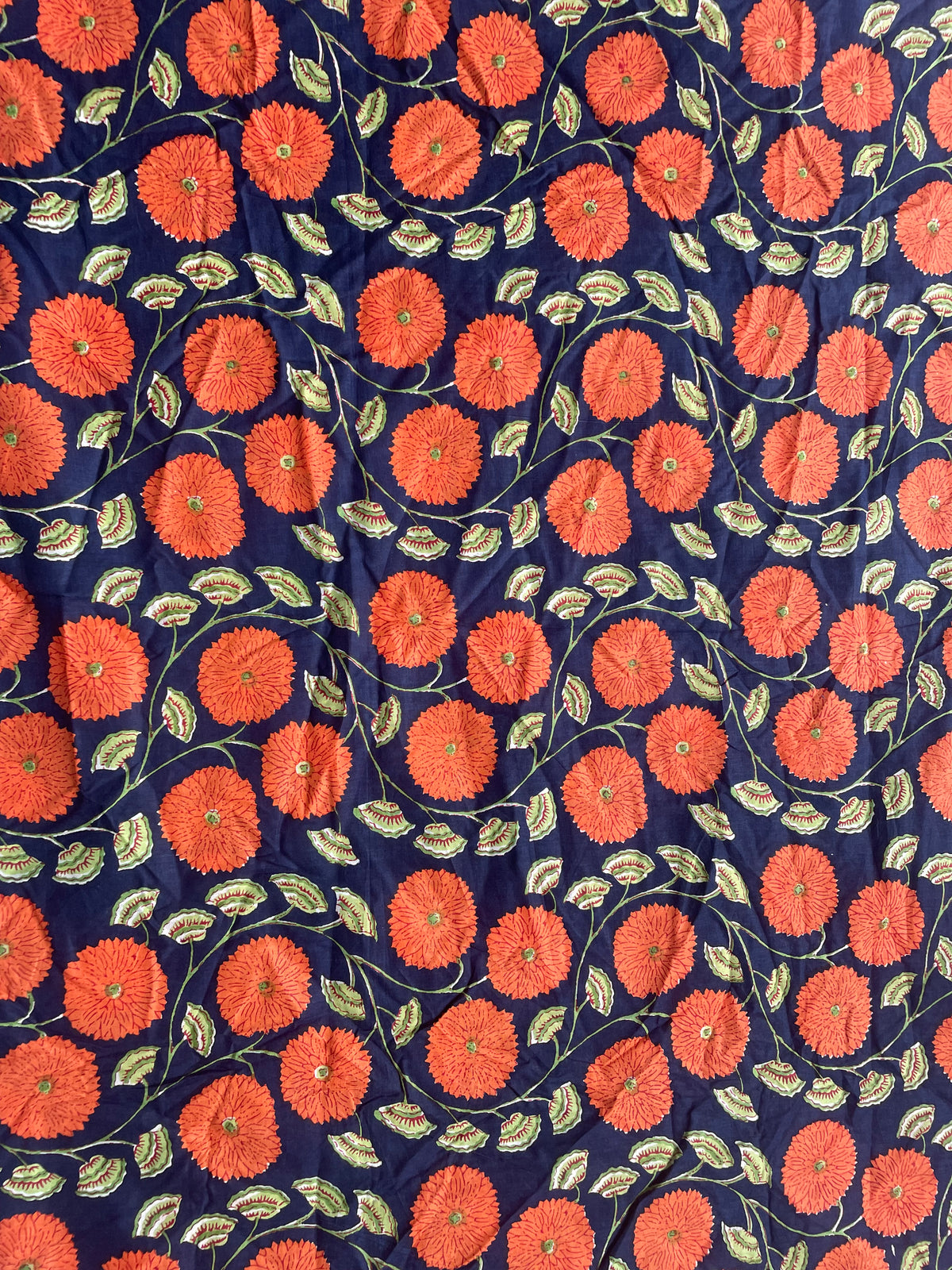 Navy blue orange floral cotton fabric by the yard