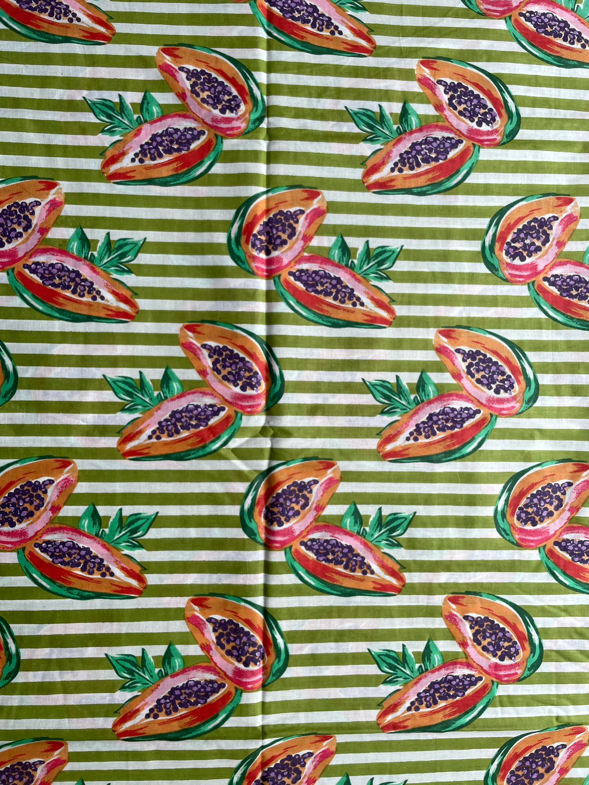 Green stripe cotton fabric with papaya pattern