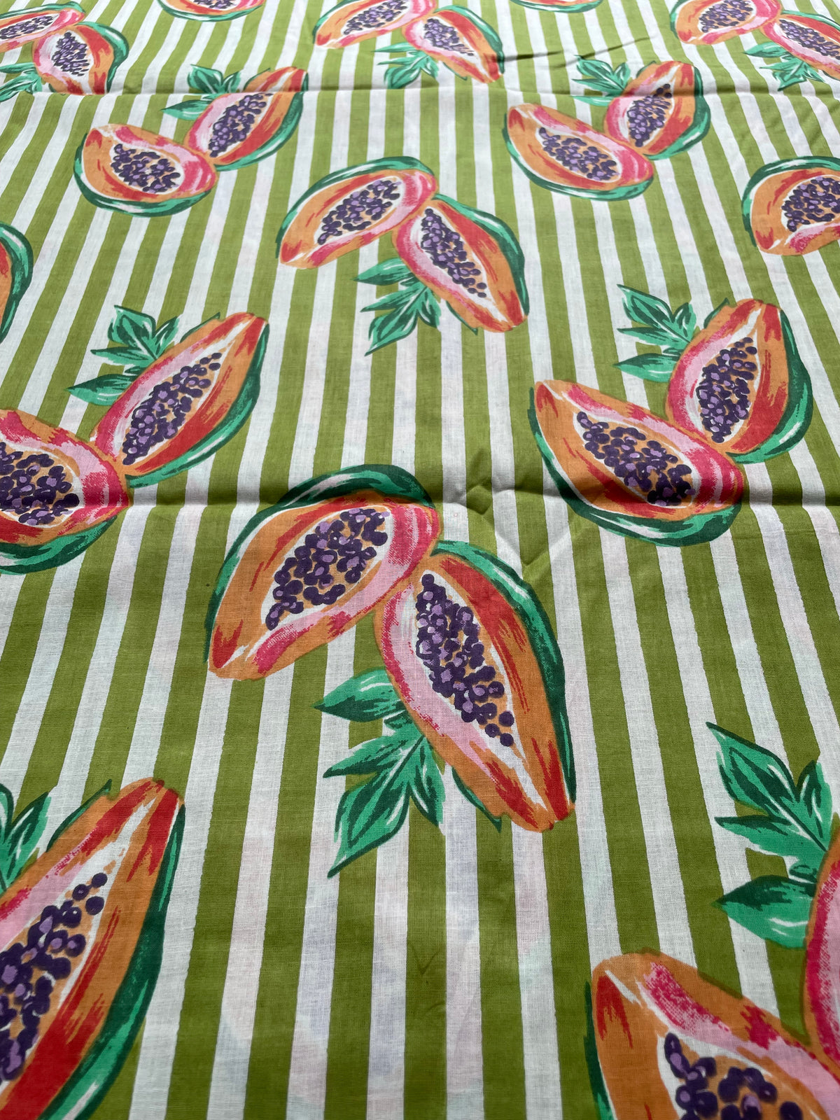 Green and white striped papaya cotton fabric