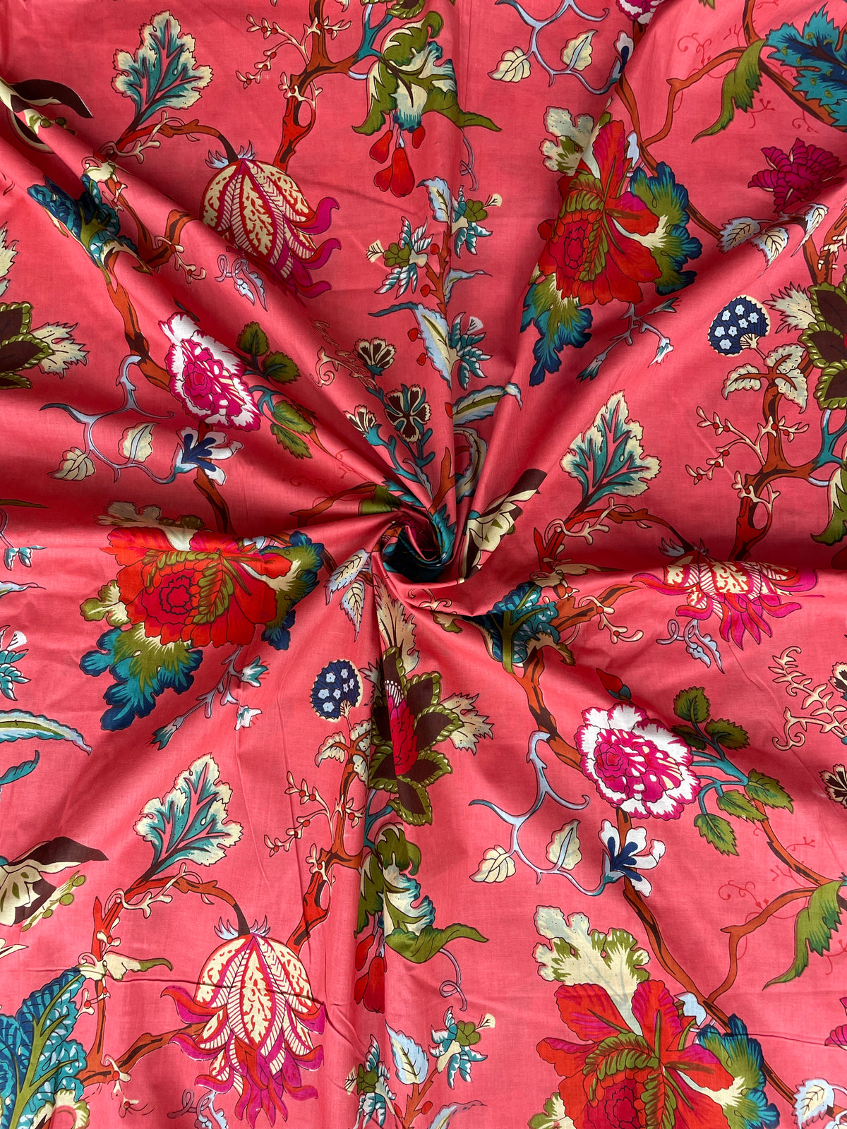Pink flower print cotton fabric for sewing projects
