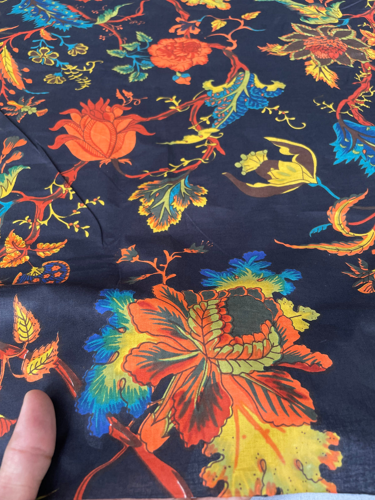 Black floral cotton fabric by the yard