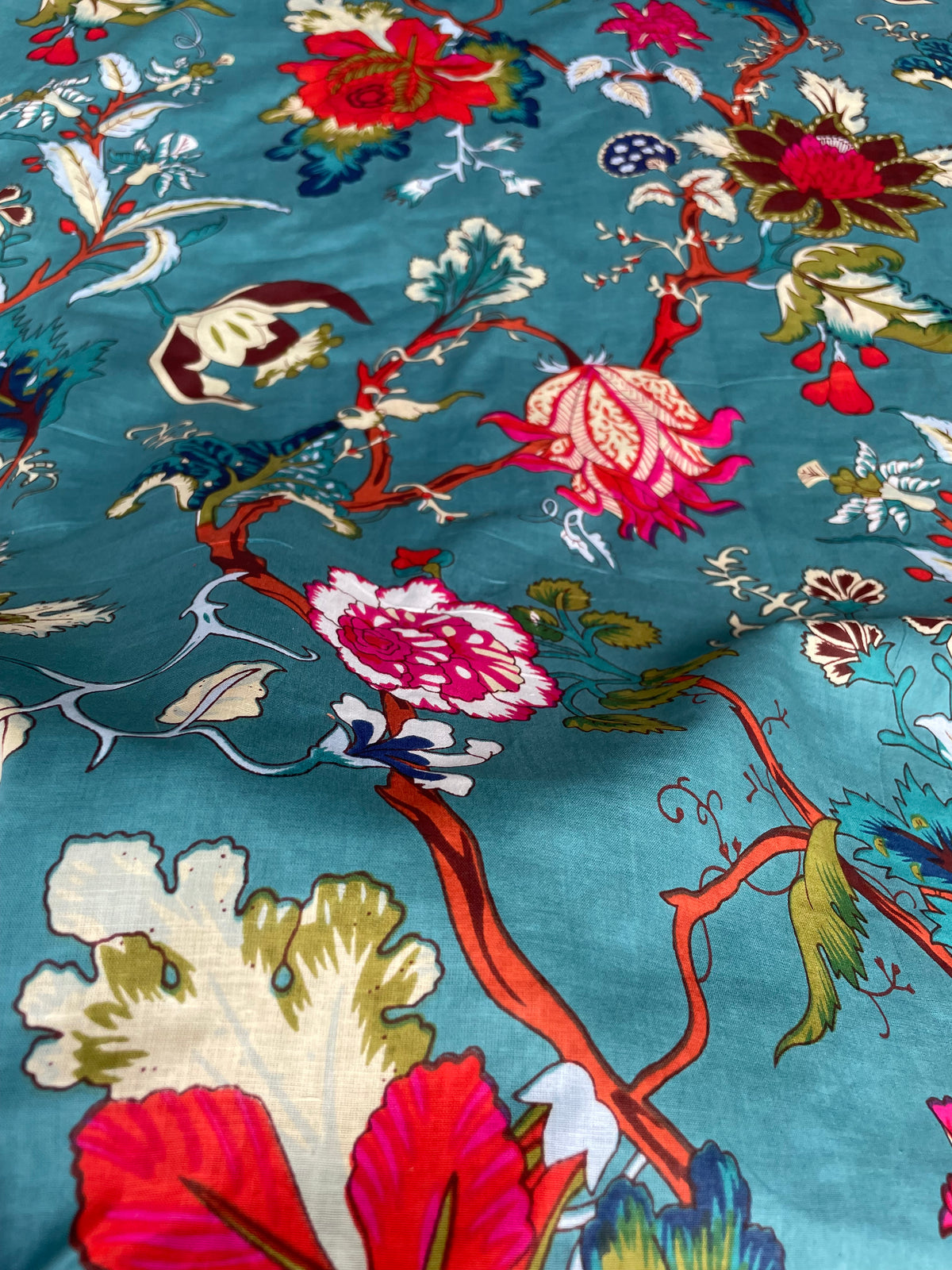 Teal blue floral cotton fabric by the yard