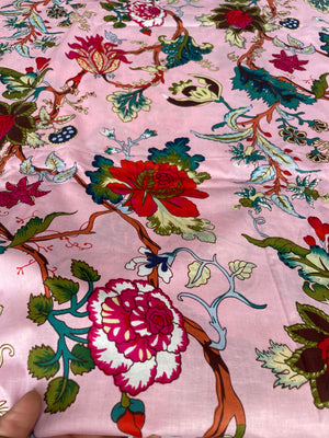 Pink floral cotton fabric by the yard