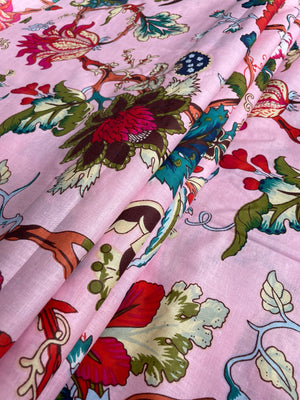 Pink flower cotton fabric with teal and red details