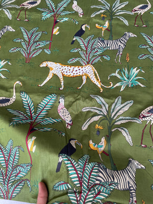 Tropical jungle animal fabric with exotic birds