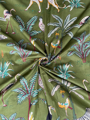 Green cotton fabric with zebra and leopard print
