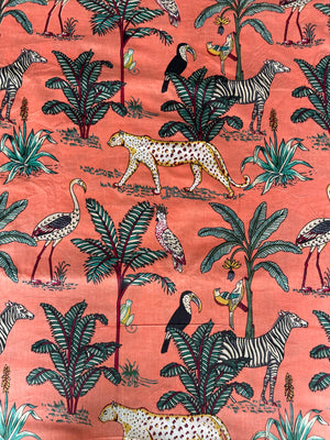 safari wildlife cotton fabric with tropical foliage