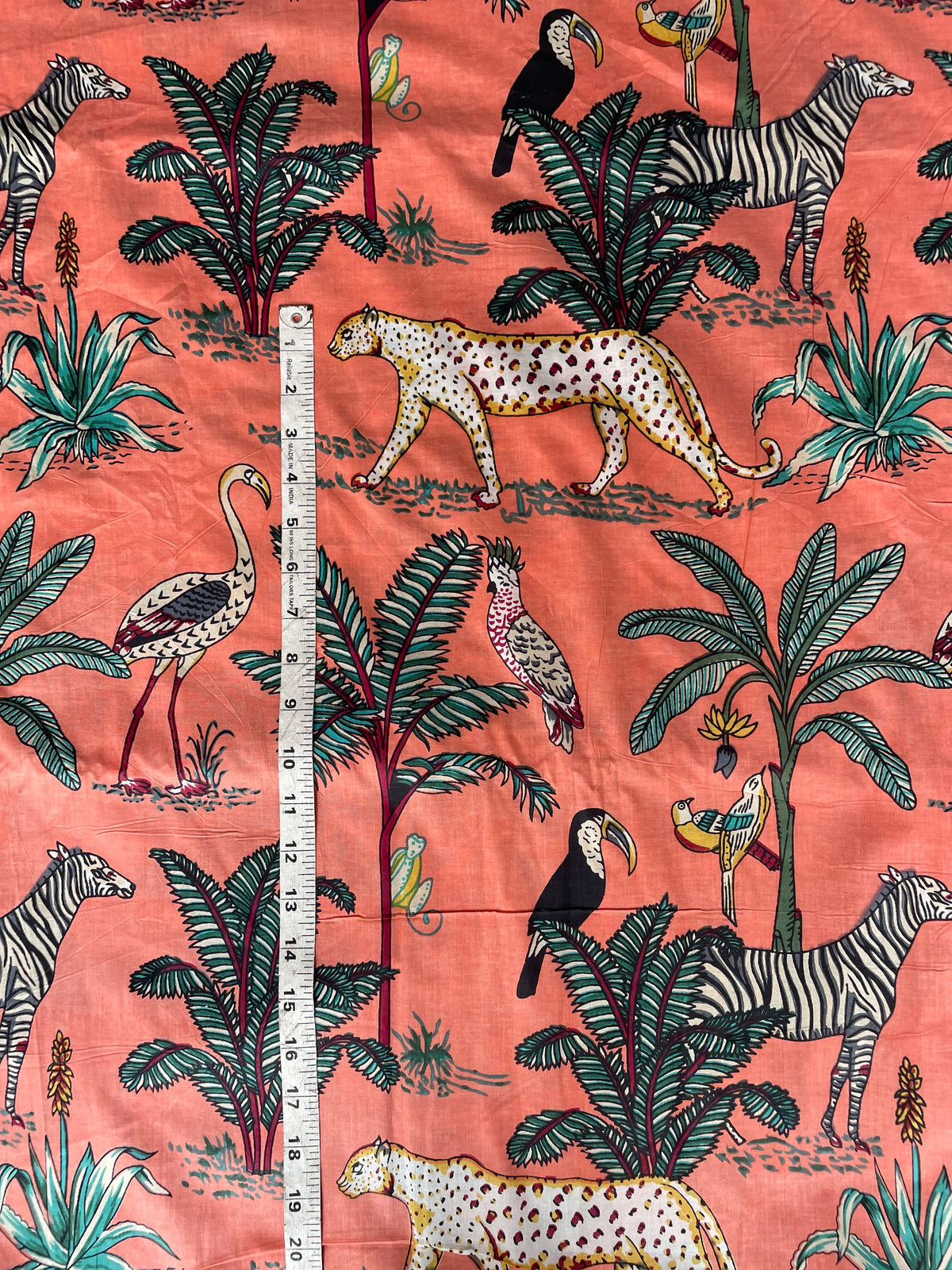Leopard zebra and bird printed coral cotton fabric