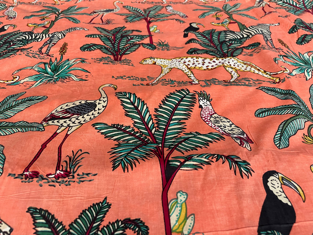 Safari wildlife cotton fabric with palm leaves