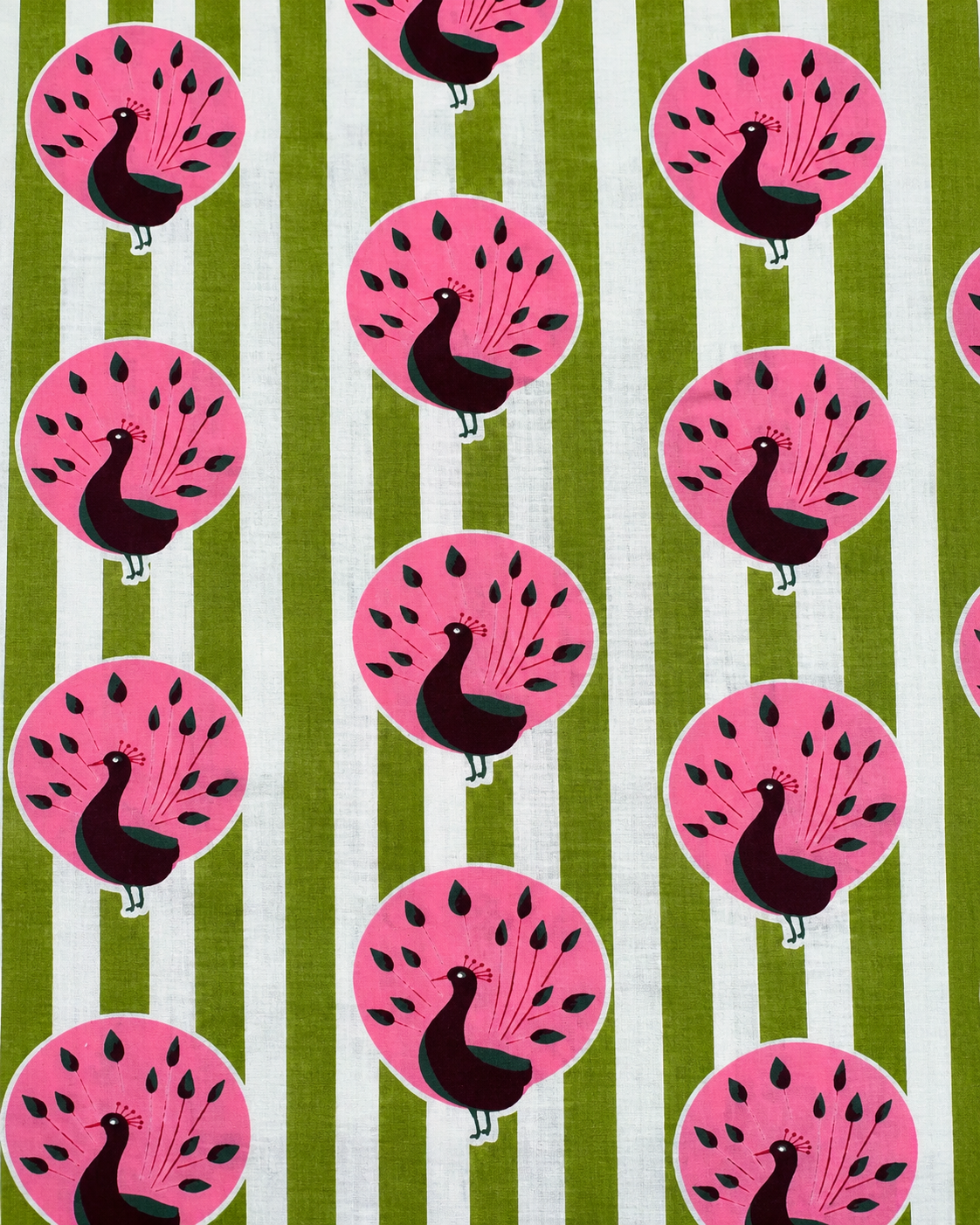 Pink bird print quilting cotton fabric with a light green striped background.
