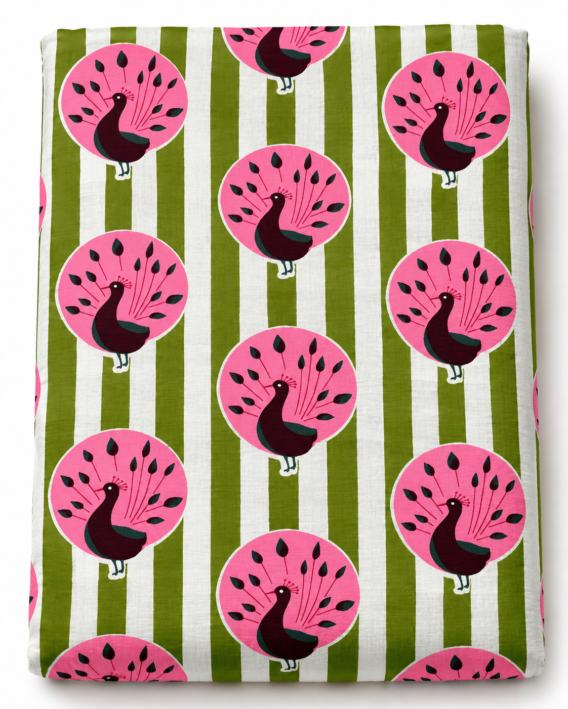 Pink peacock cotton fabric with light olive green and white vertical stripes.