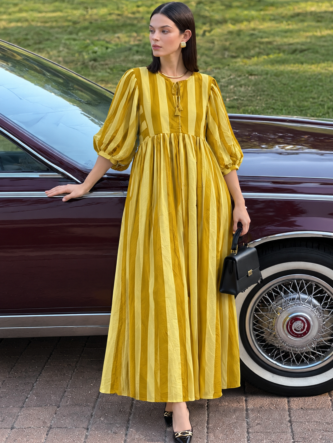 Mustard yellow striped maxi dress with puff sleeves for women