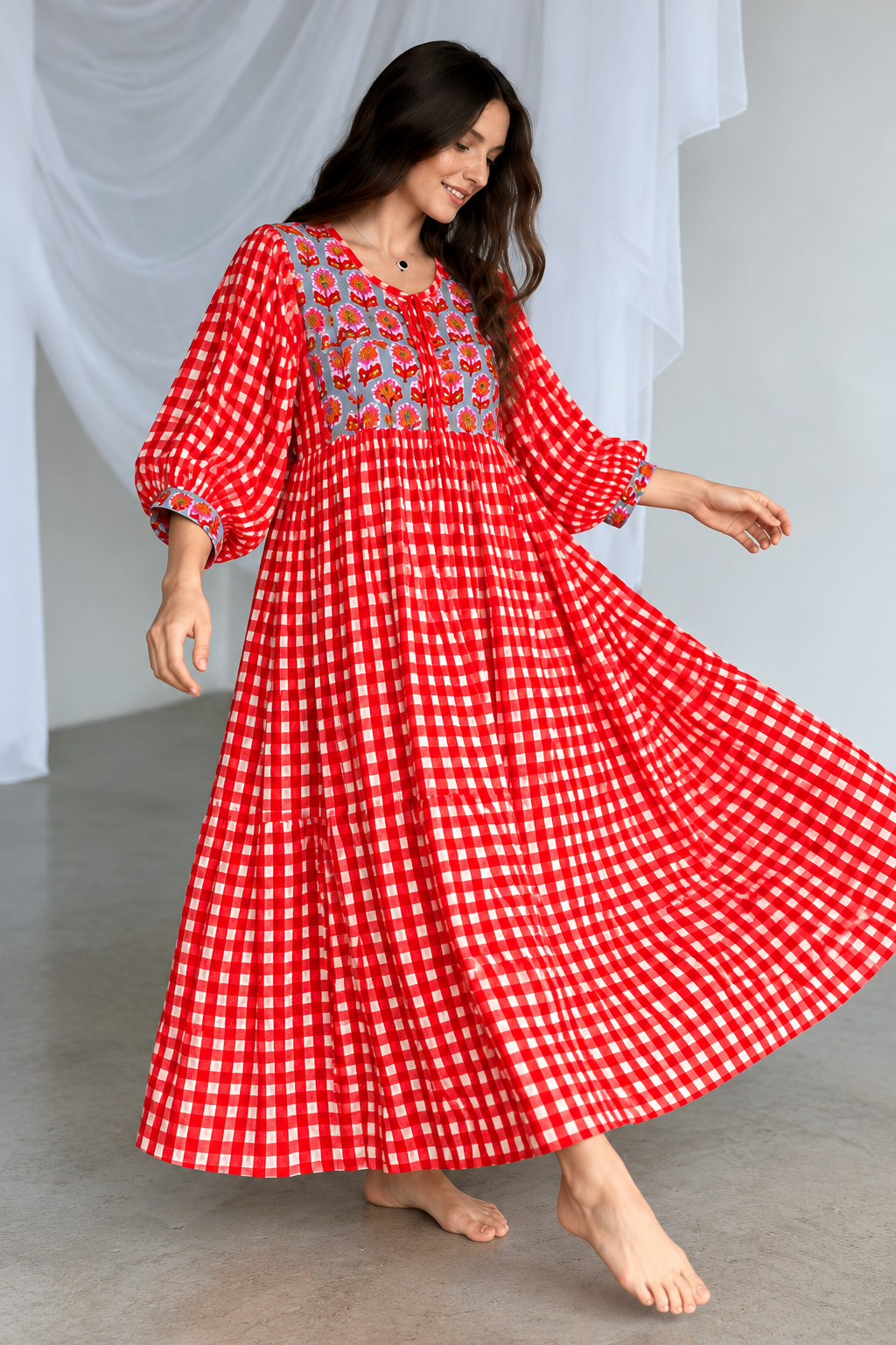 Women's red and white gingham maxi dress with floral printed bodice