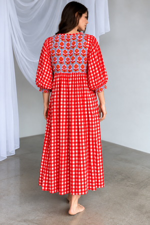Full-length red and white checked dress with colorful floral chest panel