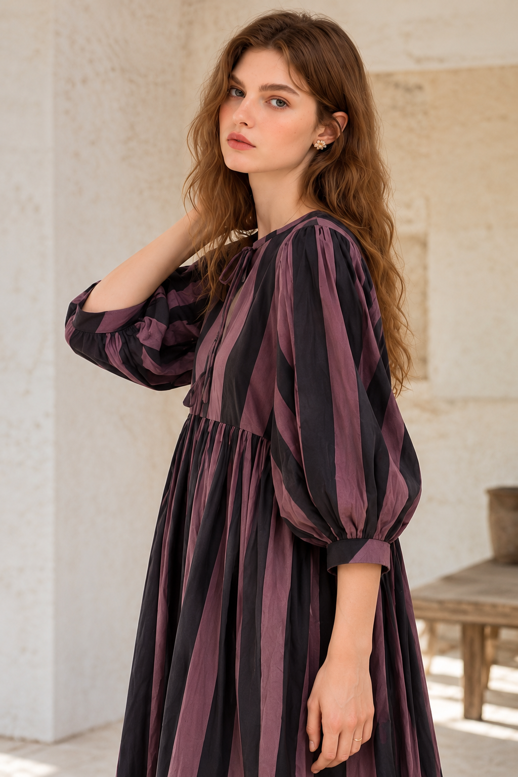 Black mauve dress featuring three-quarter puff sleeves