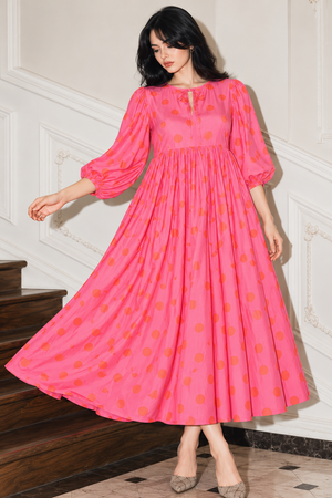 Women's pink polka dot cotton maxi dress with puff sleeves