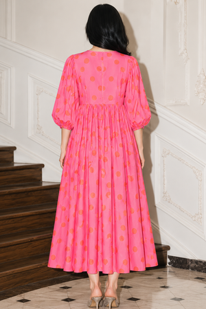 Pink long dress with orange red polka dot print for women