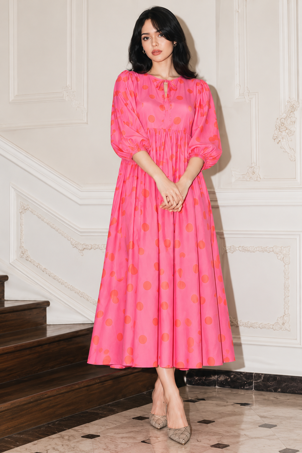 Flowing pink cotton maxi dress with gathered skirt