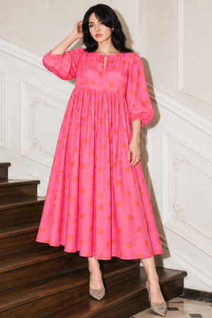 Full length women's pink printed summer dress
