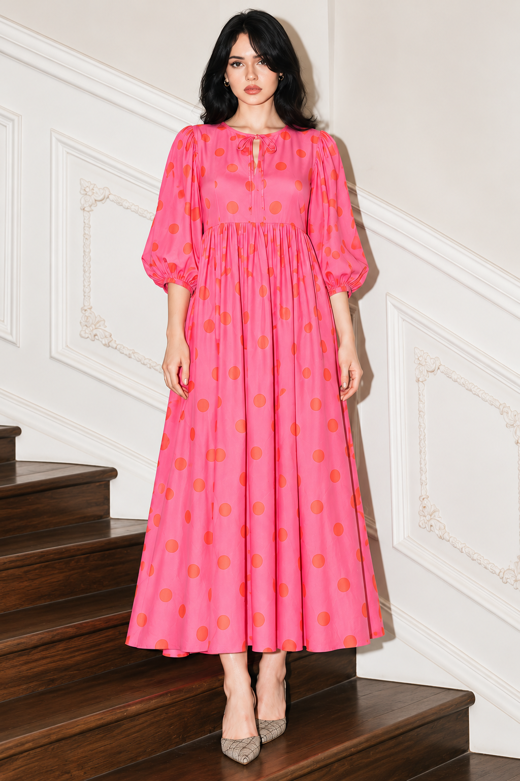 Elegant pink polka dot maxi dress for summer outings