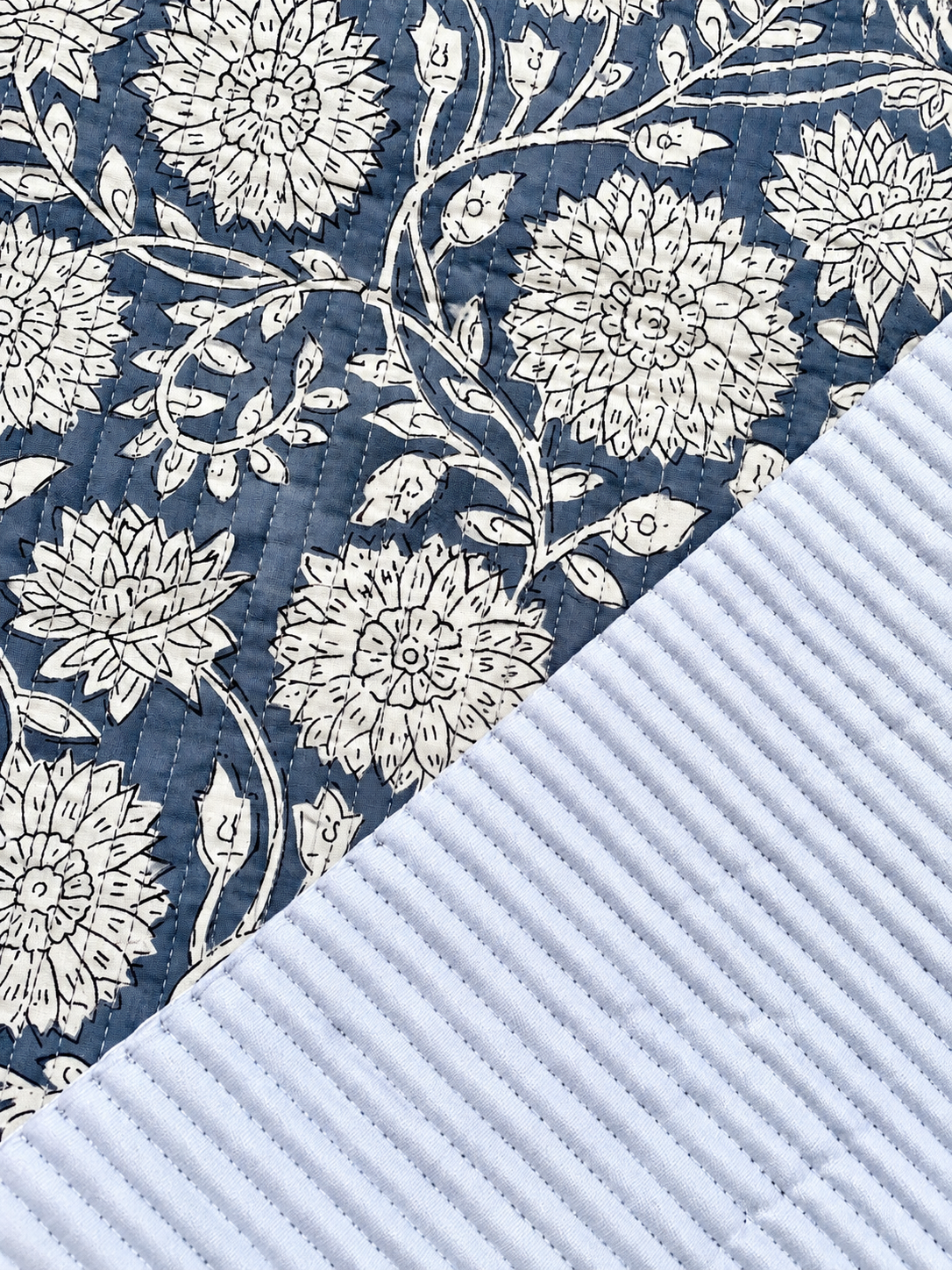 Close-up of charcoal grey quilted fabric with a detailed white floral pattern.
