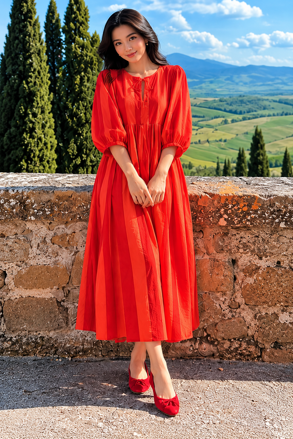 Elegant red boho maxi dress with feminine gathered silhouette