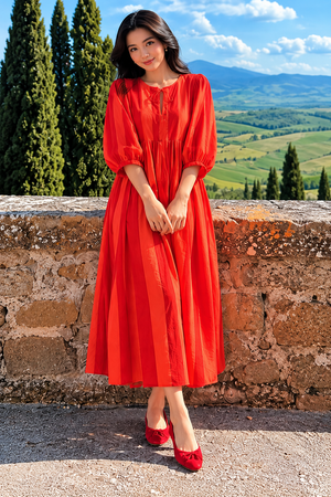 Elegant red boho maxi dress with feminine gathered silhouette