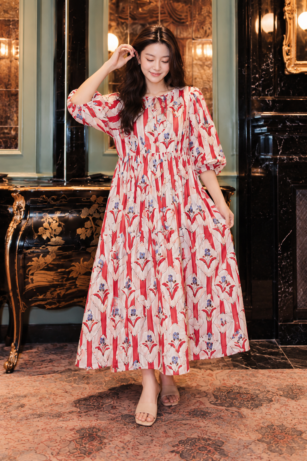 Flowy red floral maxi dress for vacations and brunch