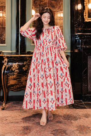 Flowy red floral maxi dress for vacations and brunch