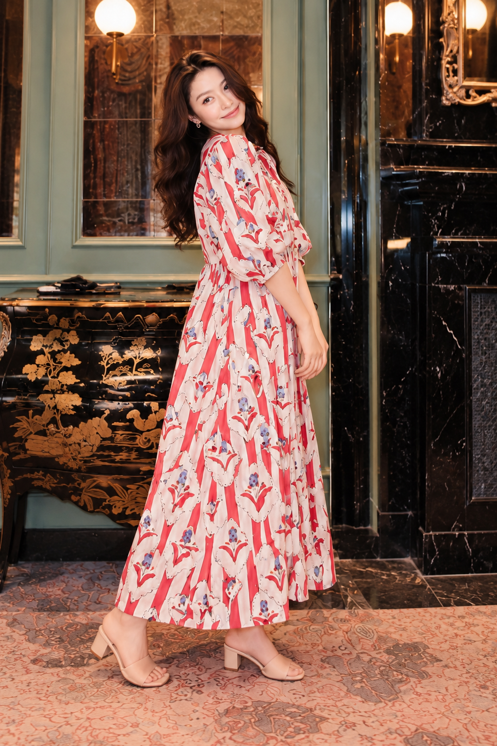 Elegant cream and red floral summer dress for women