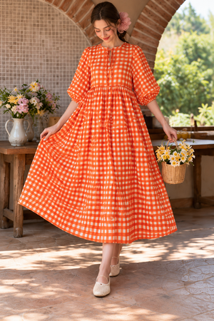 Women's orange gingham cotton midi dress with puff sleeves