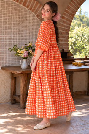 Orange gingham midi dress with voluminous three quarter sleeves