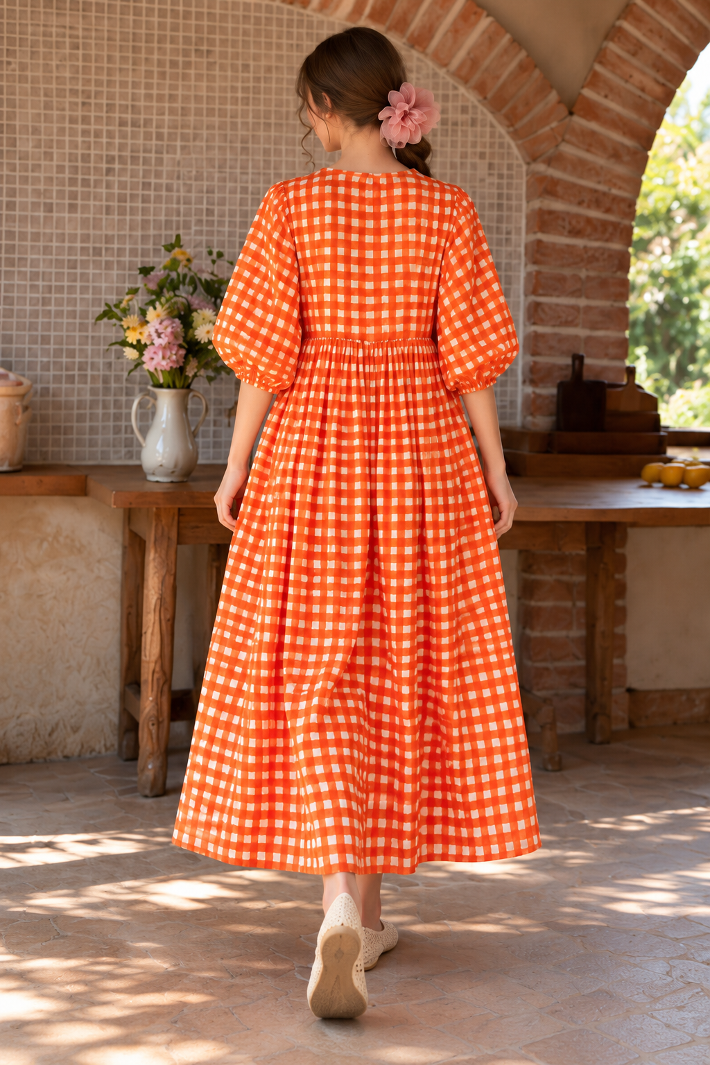 Orange and white checkered dress with gathered waist