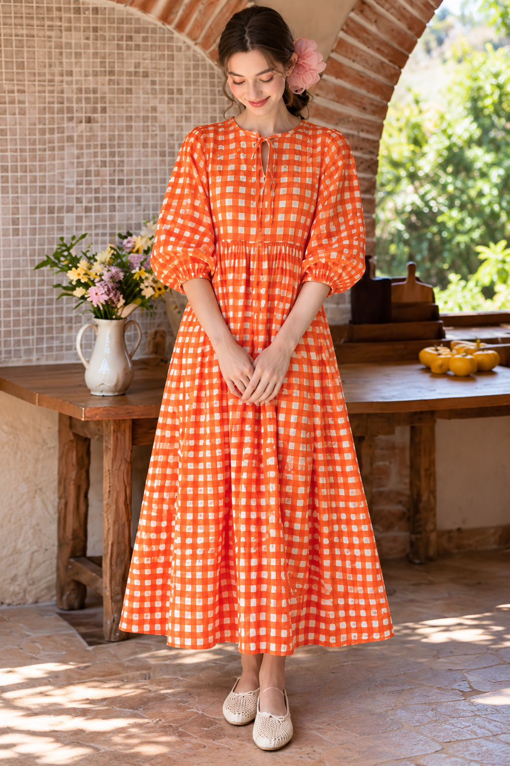 Women's orange cotton checkered dress with gathered skirt