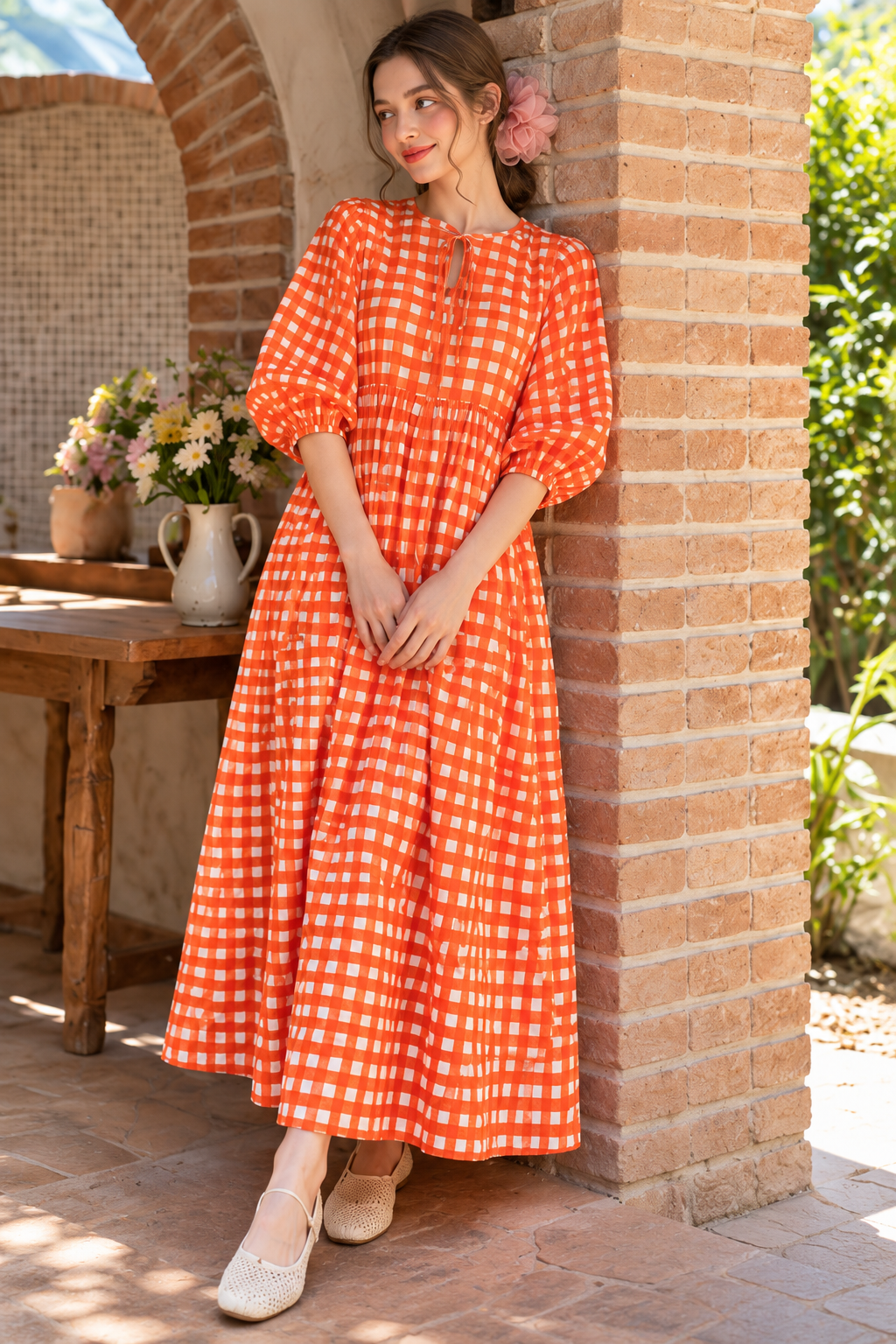 Orange gingham dress styled with cream flats