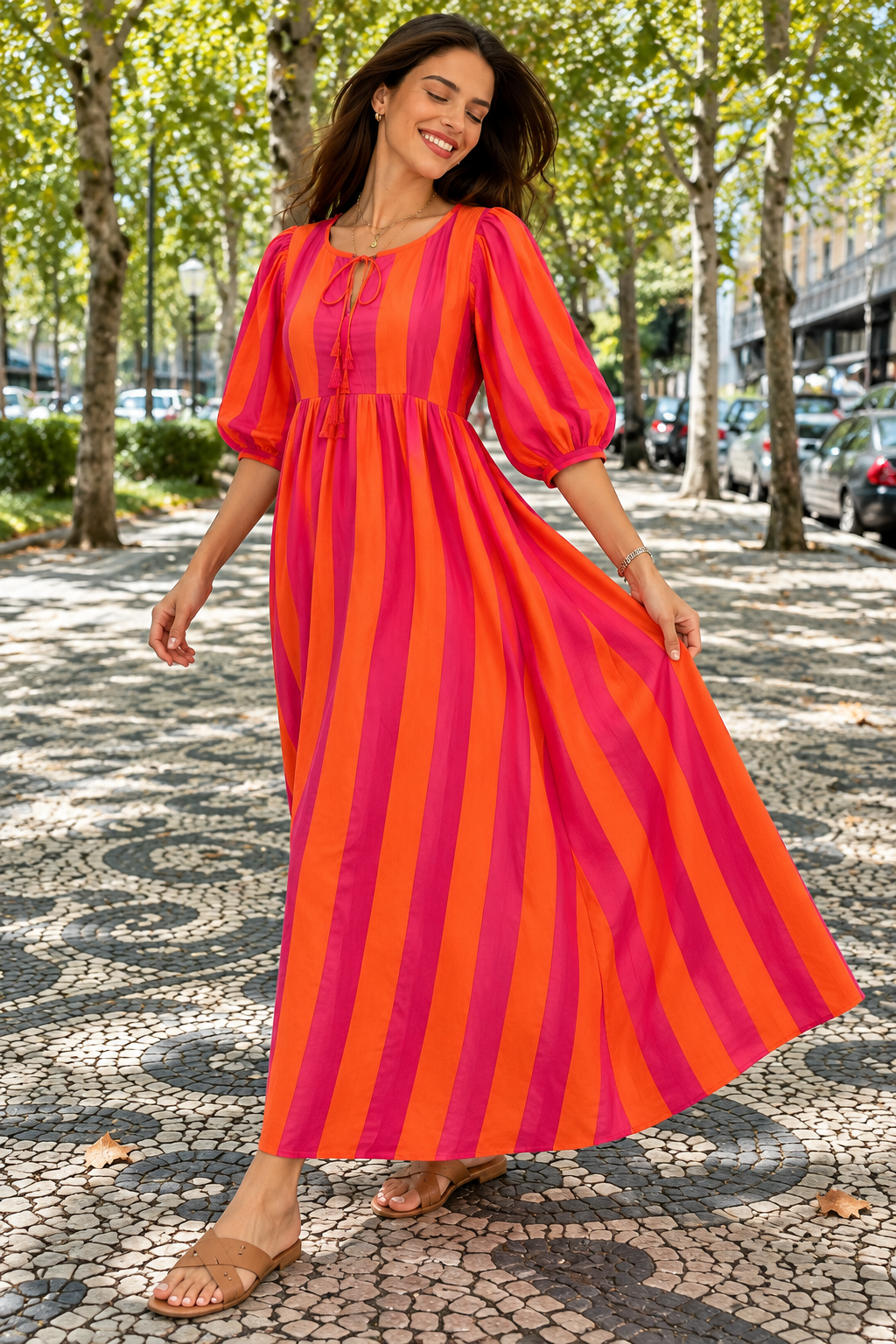 Pink and orange long dress with a flattering gathered silhouette