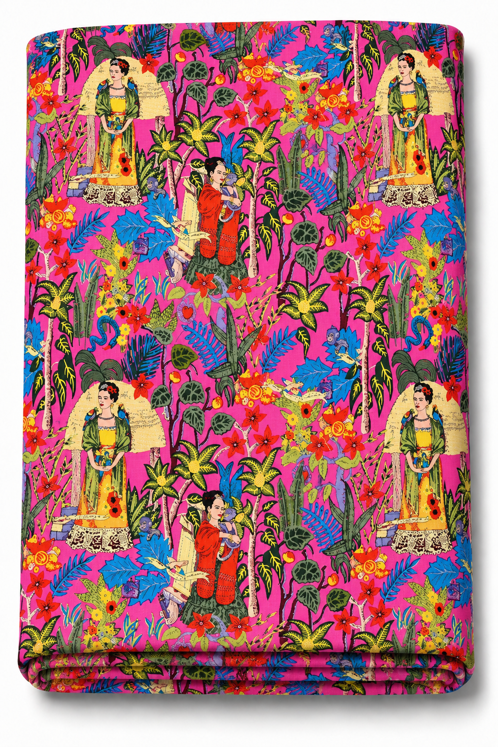 Bright pink cotton fabric with tropical flowers and foliage
