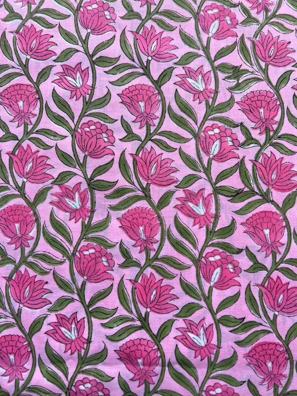 Indian pink floral block print fabric for sewing