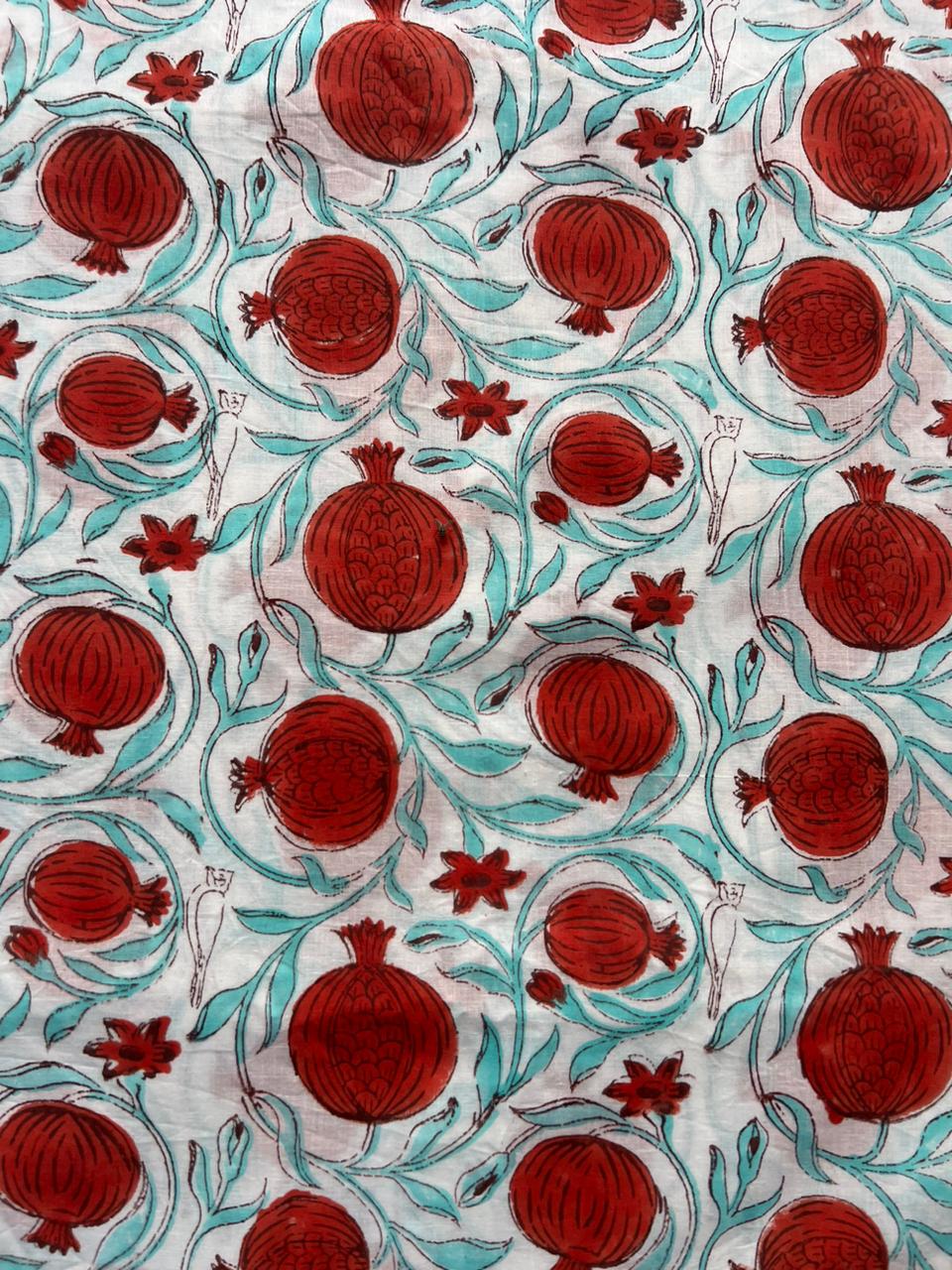 Indian pomegranate block print fabric with red motifs