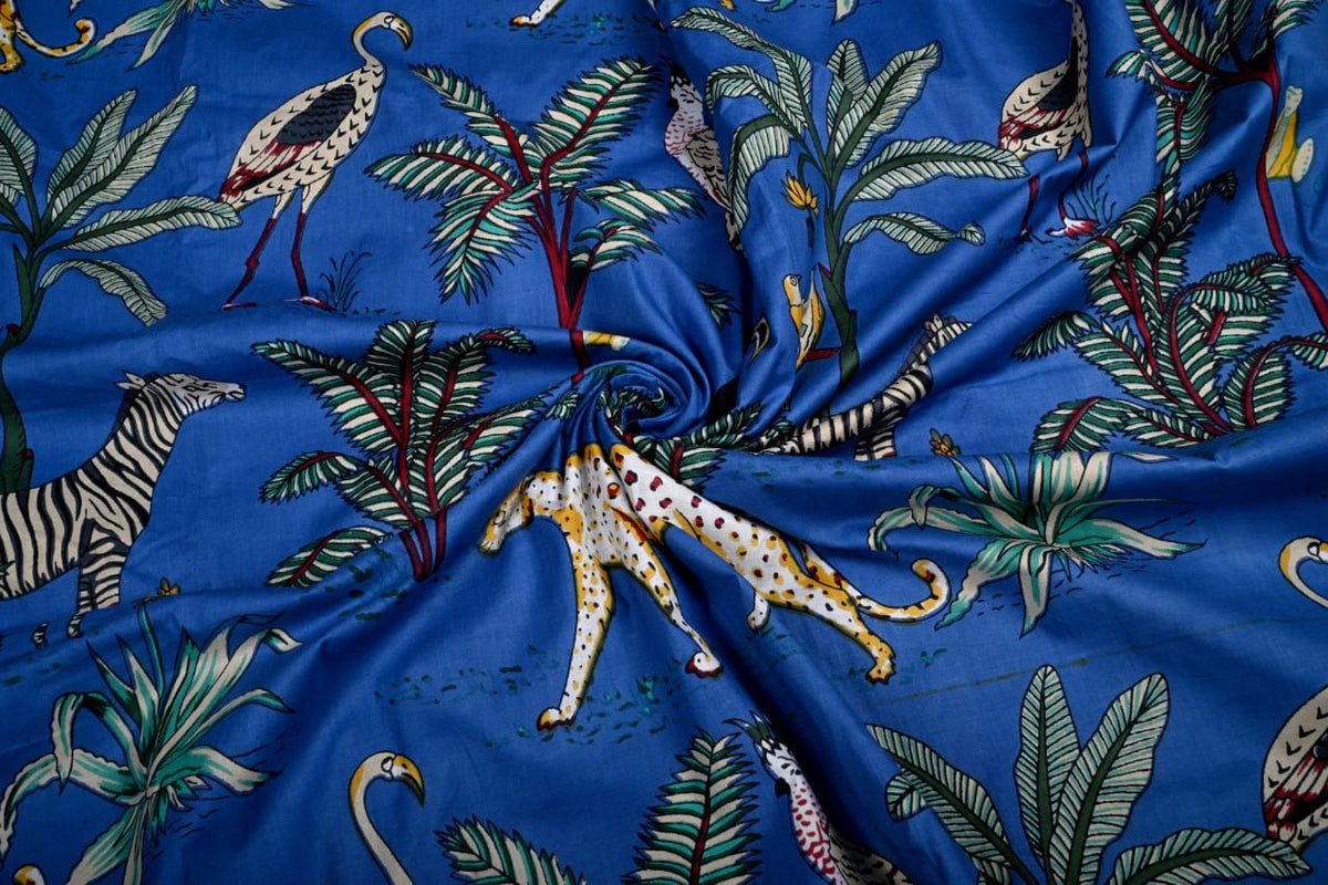 Indian blue jungle print fabric by the yard