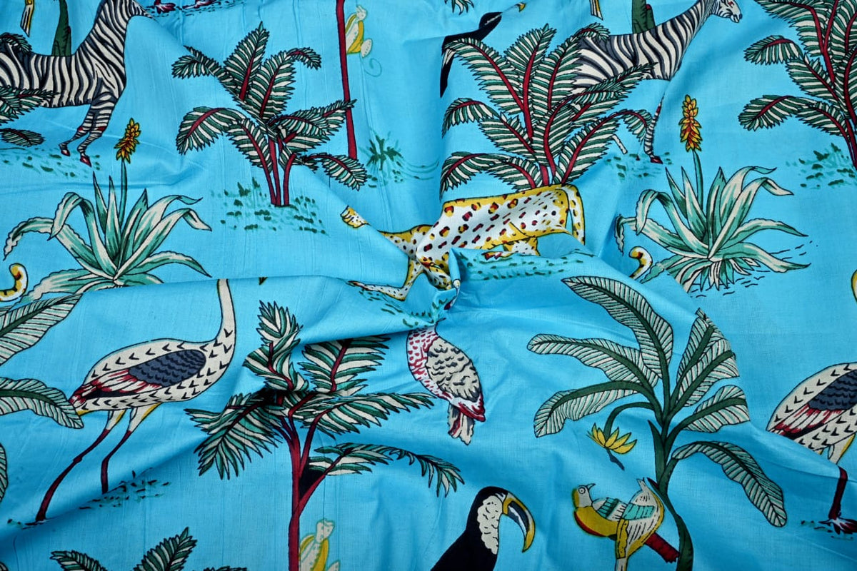 Tropical jungle animal fabric with palm trees