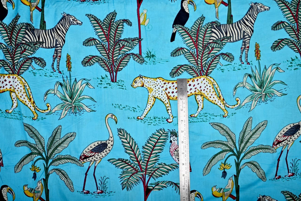 Turquoise jungle print fabric for dresses and kaftans