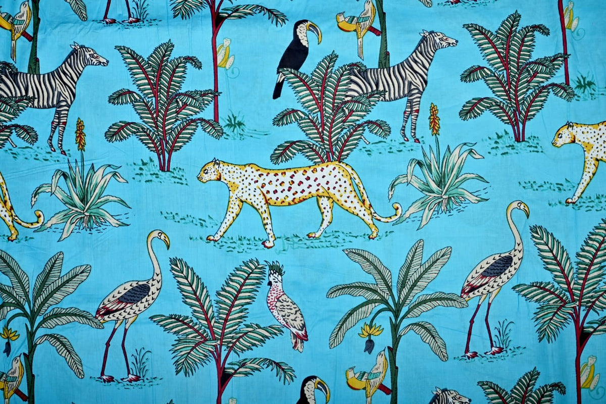 Indian turquoise jungle fabric by the yard