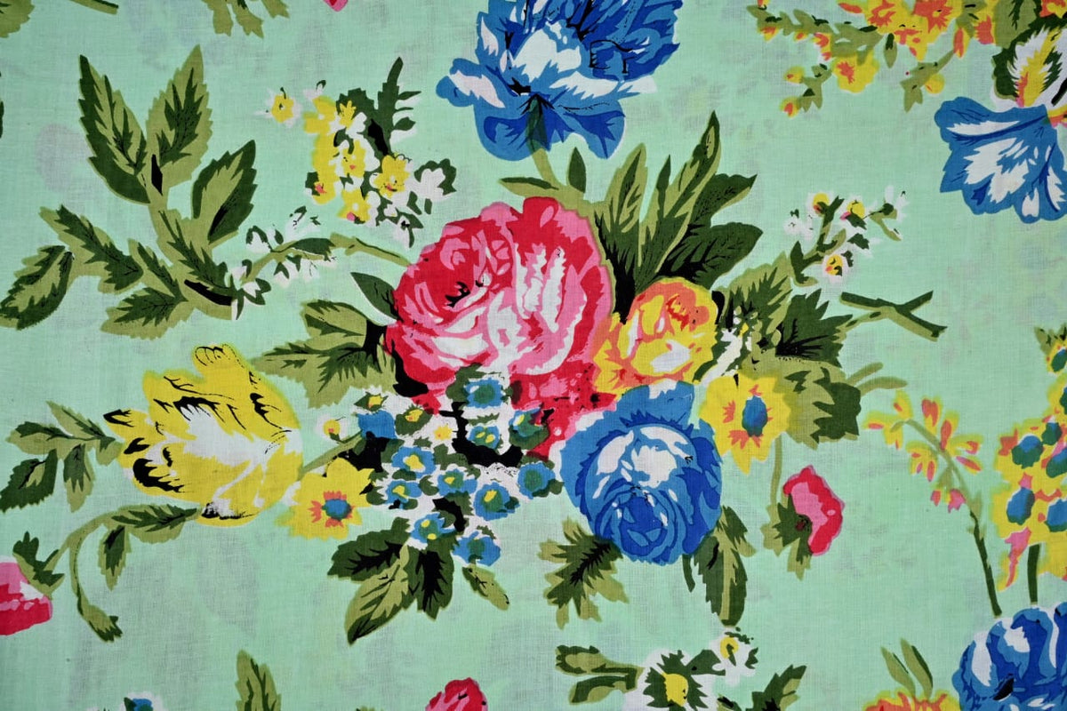 Mint green floral cotton fabric by the yard