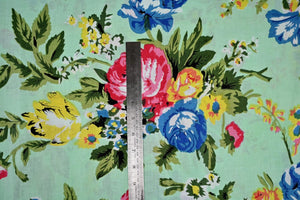 Mint botanical floral fabric with pink and blue flowers