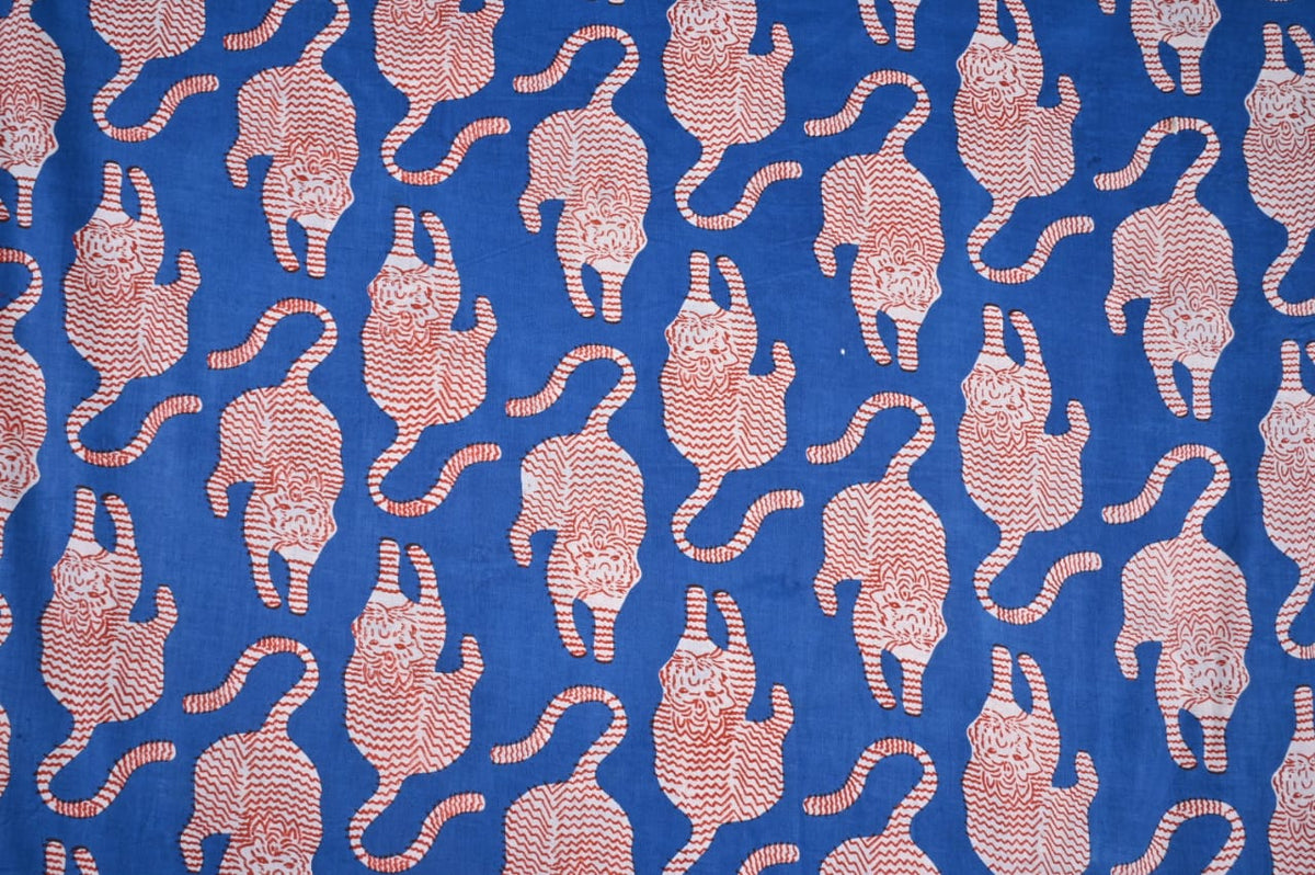 Royal blue Tibetan tiger Indian printed fabric