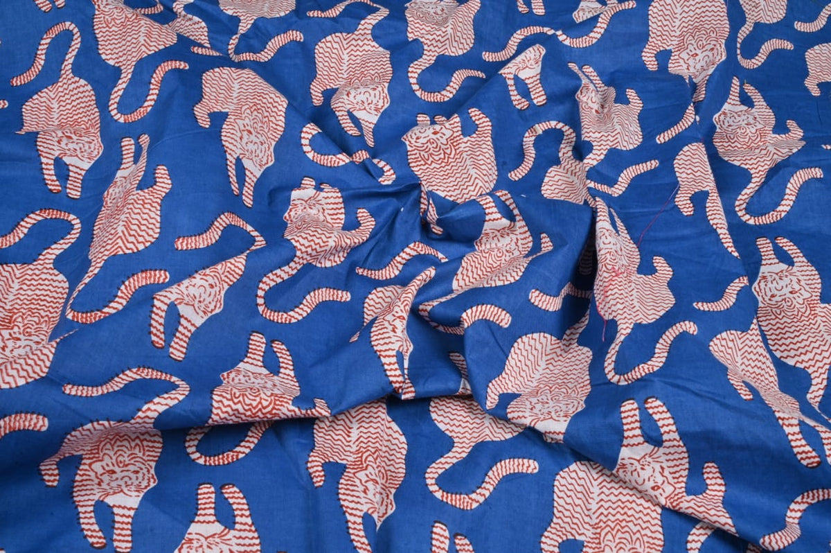 Blue tiger print fabric by the yard for sewing