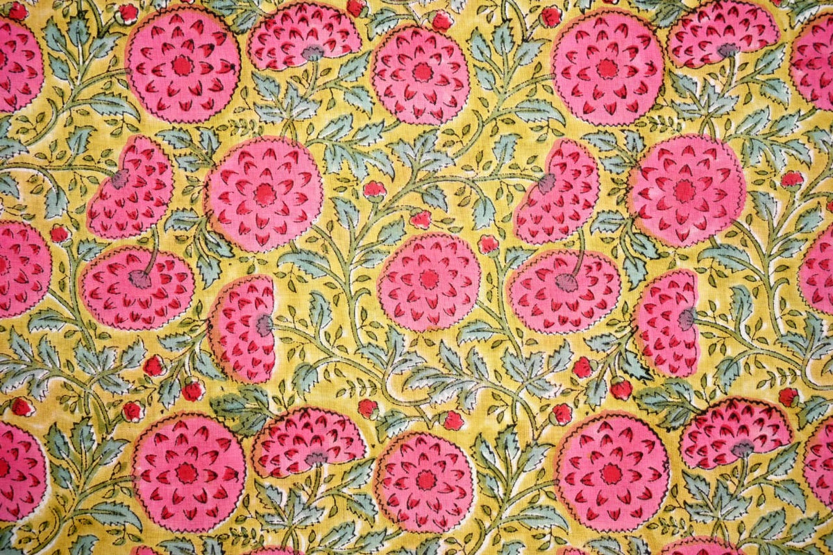Indian yellow floral block print fabric for sewing